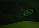 A bowl of green stuff swinging and emitting particles. 